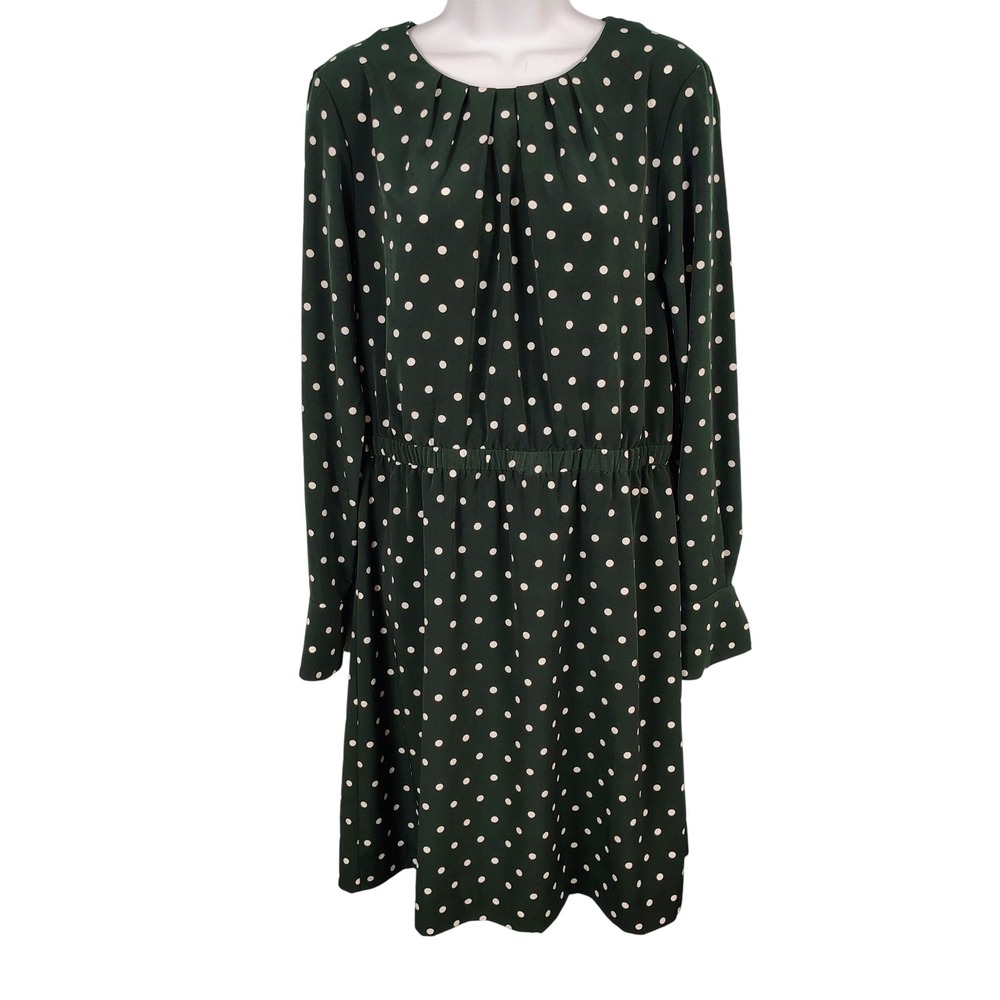 H&M | Dresses | Womens Sz 2 Hm Polka Dot Long Sleeve Pleated Dress Dark Green Retro Modest